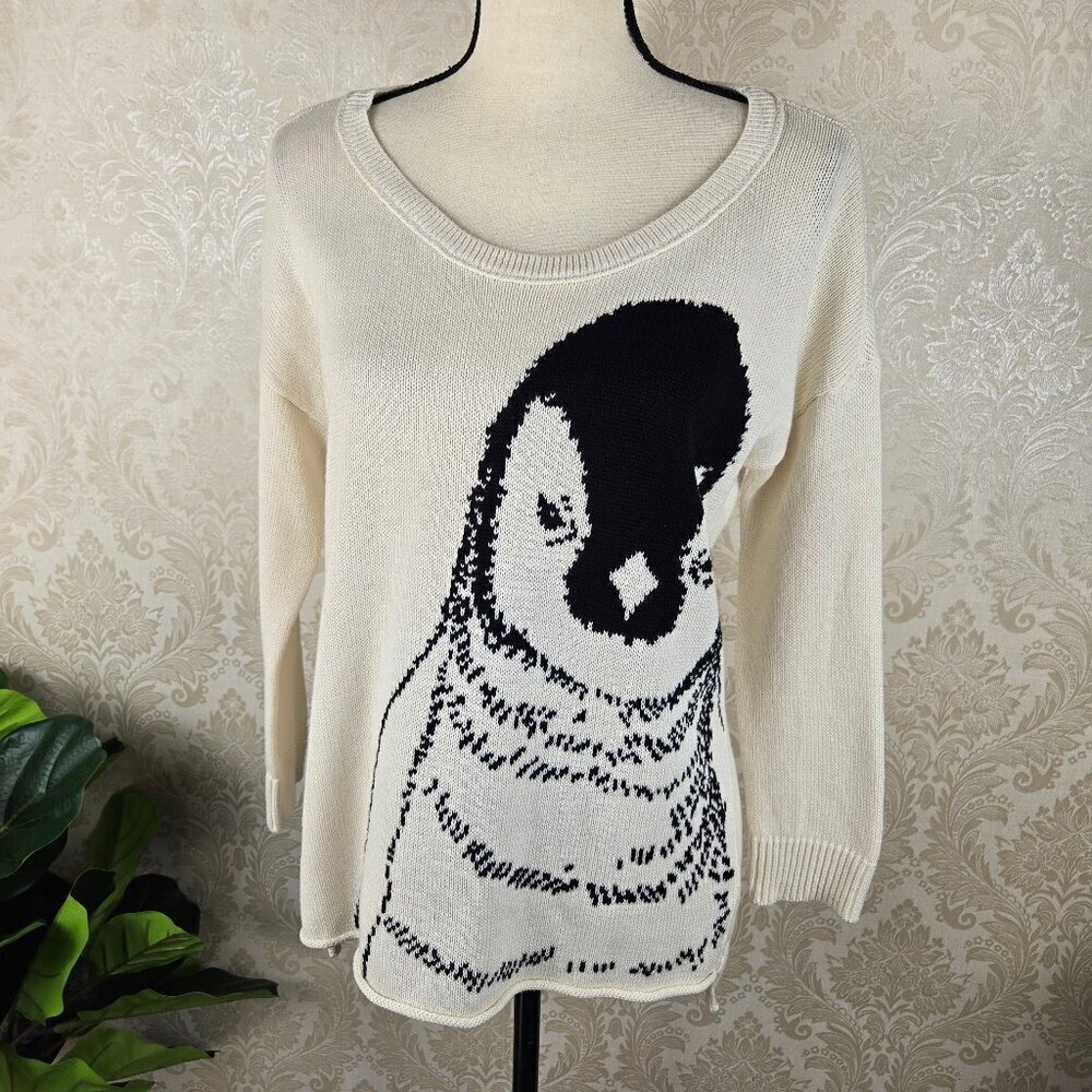 American Eagle Outfitters Size Medium Cream Sweater Black Penguin Graphic